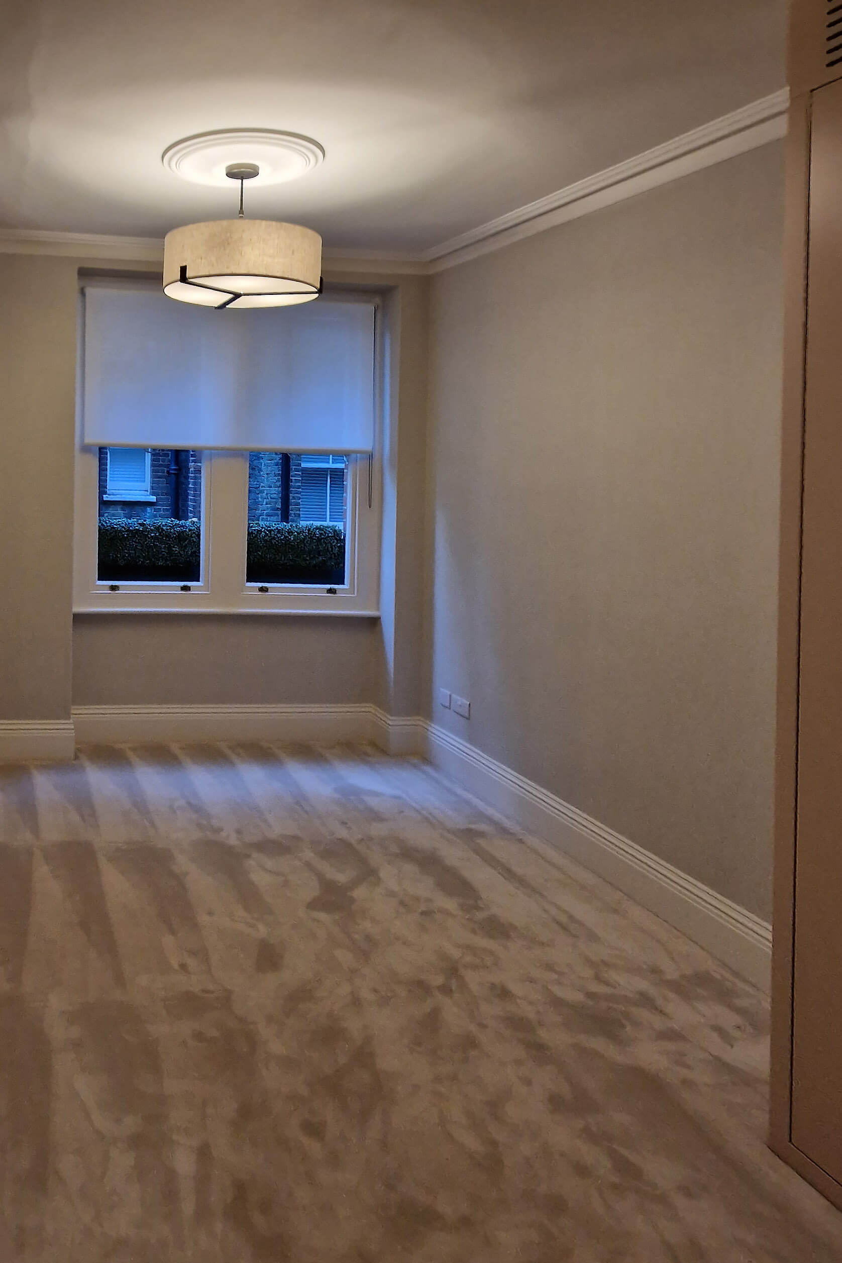 Finished bedroom, Chelsea SW10 renovation Bedroom with a ceiling rose and pendant light, Chelsea SW10