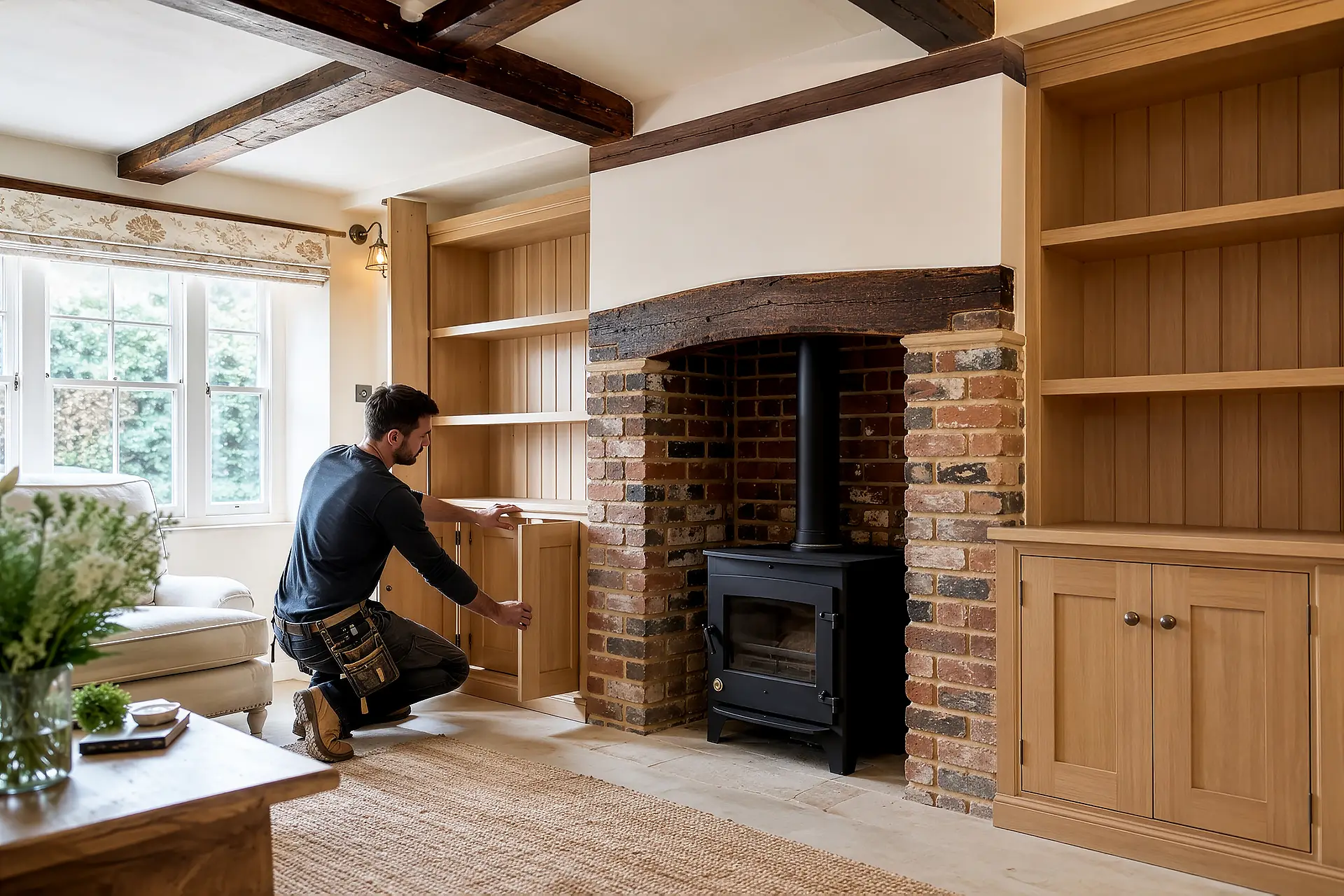 Joiner installing bespoke oak alcove shelving and cabinets around chimney breast in period cottage, South Godstone RH9 Surrey